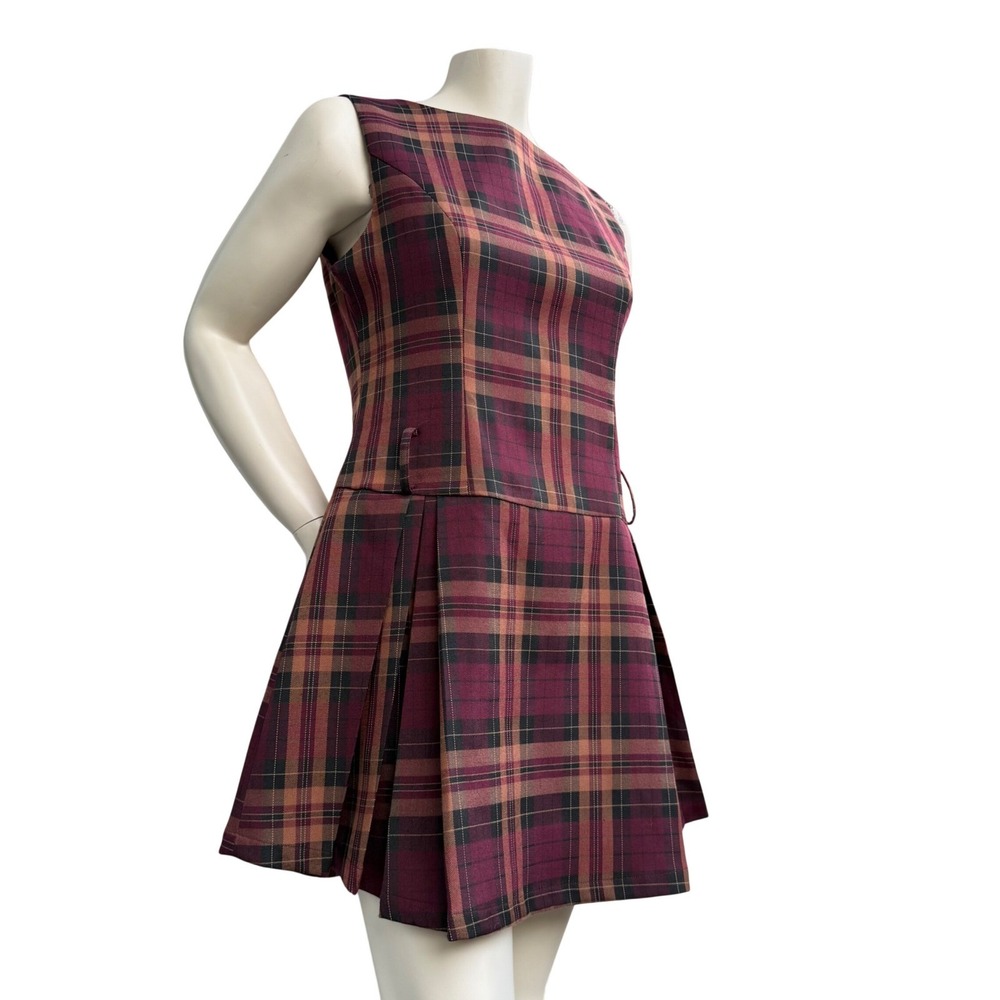 Commense Plaid Mini Dress Pleated‎ Skirt Dark Academia Preppy Burgundy Large